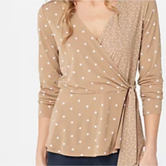 Susan Graver Liquid Knit Faux Wrap Tan w/ White Polka Dot Shirt / Top / Blouse. - Picture 1 of 9
